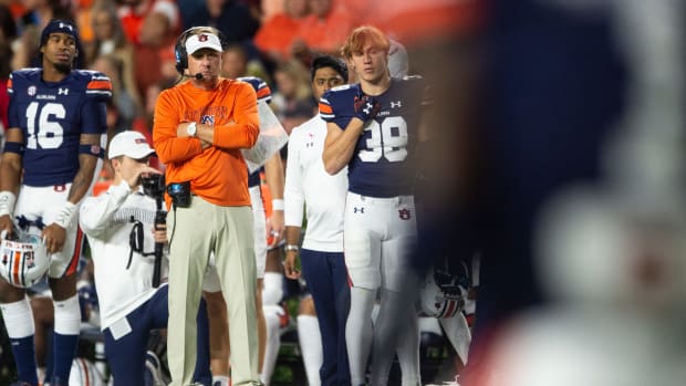 Auburn Tigers head coach Hugh Freeze watches on as Auburn Tigers take on Mississippi Rebels at Jordan-Hare Stadium in Auburn, Ala., on Saturday, Oct. 21, 2023. Mississippi Rebels defeated Auburn Tigers 28-21.  
